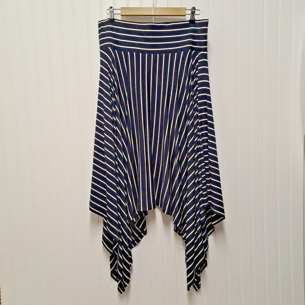 NWT CAbi Twirl Maxi Skirt Womens L Navy White Striped Jersey Pull On Coastal